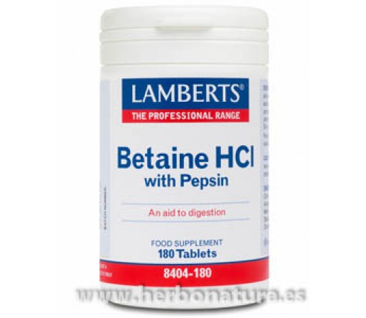 Betaína HCI 324mg. con Pepsina 5mg. Betaine 180 comprimidos LAMBERTS