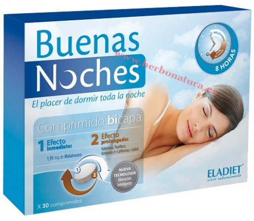 Buenas Noches, Melatonina, GABA, Valeriana, Pasiflora... 30 comprimidos ELADIET