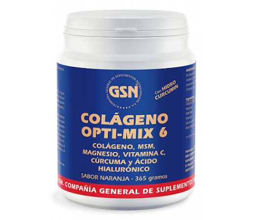 Colágeno Opti-mix 6, Cúrcuma, MSM, Acido Hialurónico, Magnesio y Vitamina C Naranja 365gr. GSN
