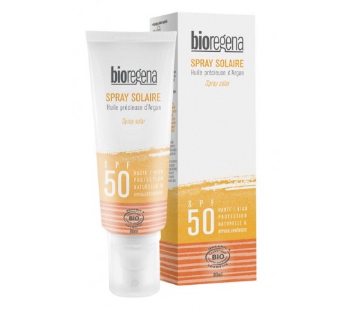 Spray solar SPF 50 biológico, Vegano con argán 90ml BIOREGENA